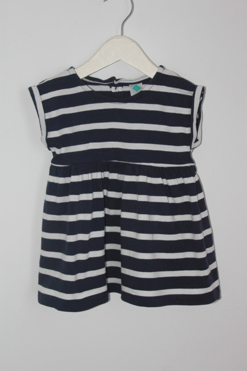 donkerblauw en wit gestreepte zomerse jurk met korte mouwen van tex in maat 74