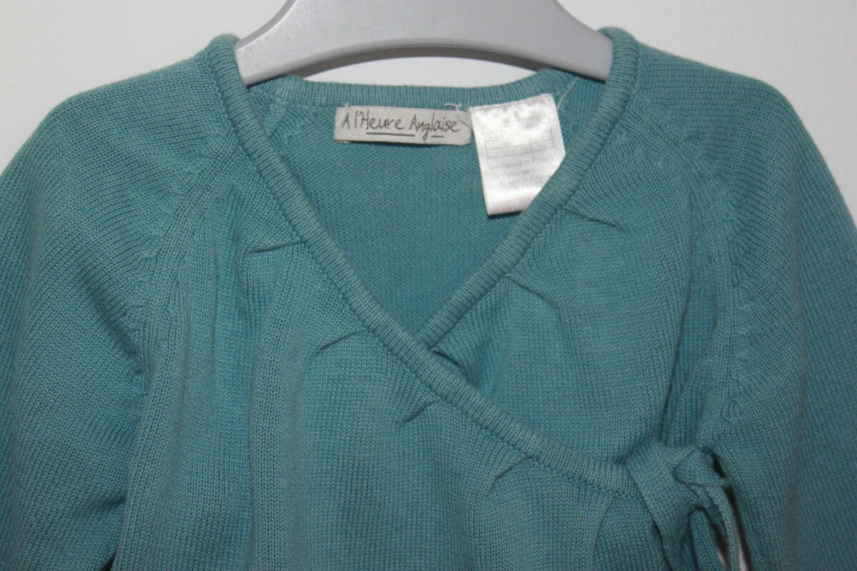 preloved katoenen blauwgroen wikkelvestje van a l´heure anglaise in maat 62 voor een baby meisje