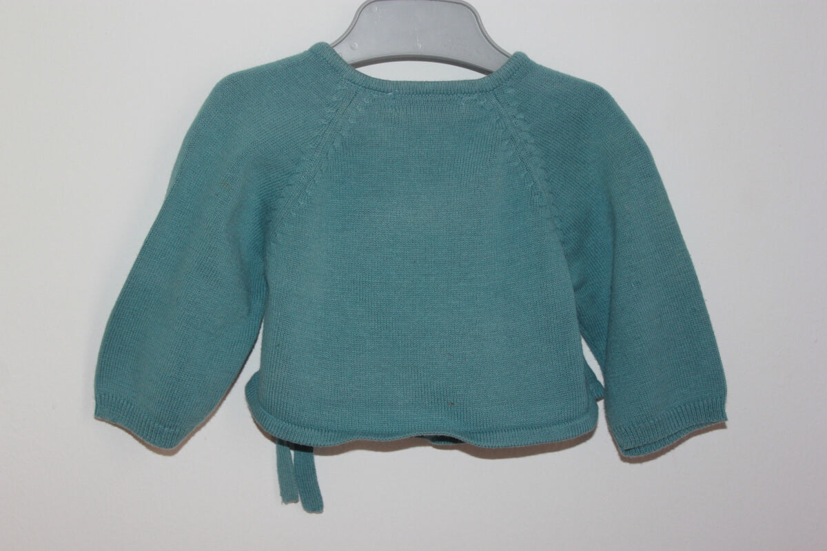 preloved katoenen blauwgroen wikkelvestje van a l´heure anglaise in maat 62 voor een baby meisje