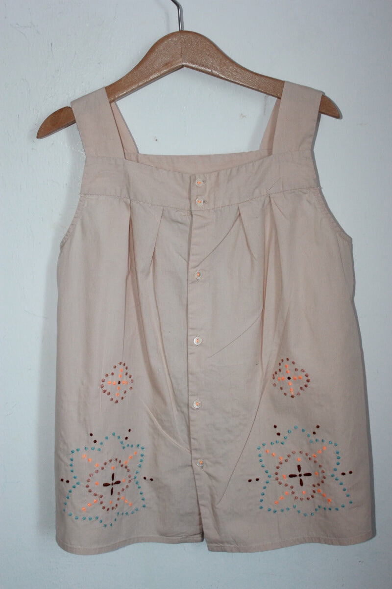 tweedehands katoenen zomerse mouwloze blouse met geborduude bloemen in multicolour van bonpoint, maat 134-140