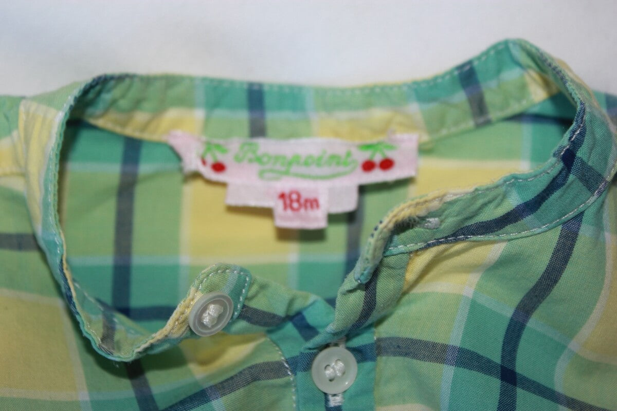 tweedehands-zomers-geel-groen-blauw-wit-geruit-overhemd-lange-mouwen-maat-80-baby-jongen-bonpoint