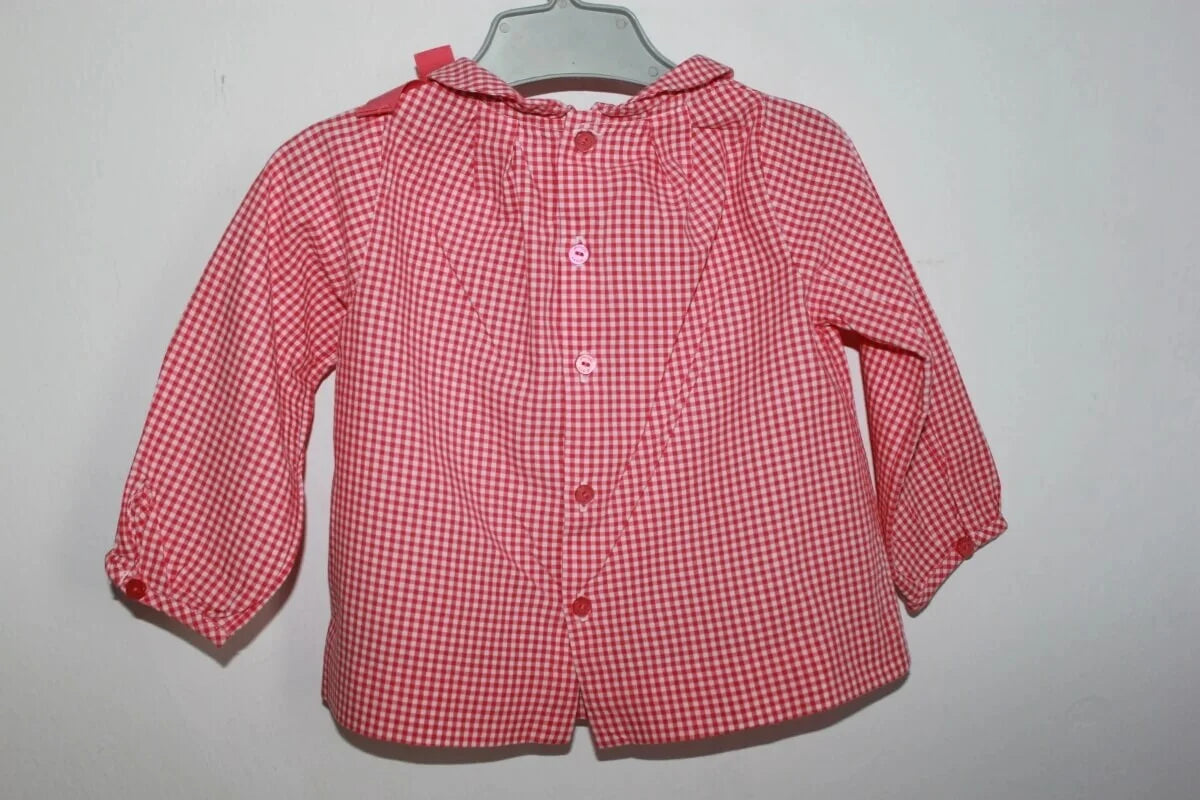 tweedehands roze met wit katoenen geruite blouse van jacadi met lange mouwen in maat 68 voor een baby meisje