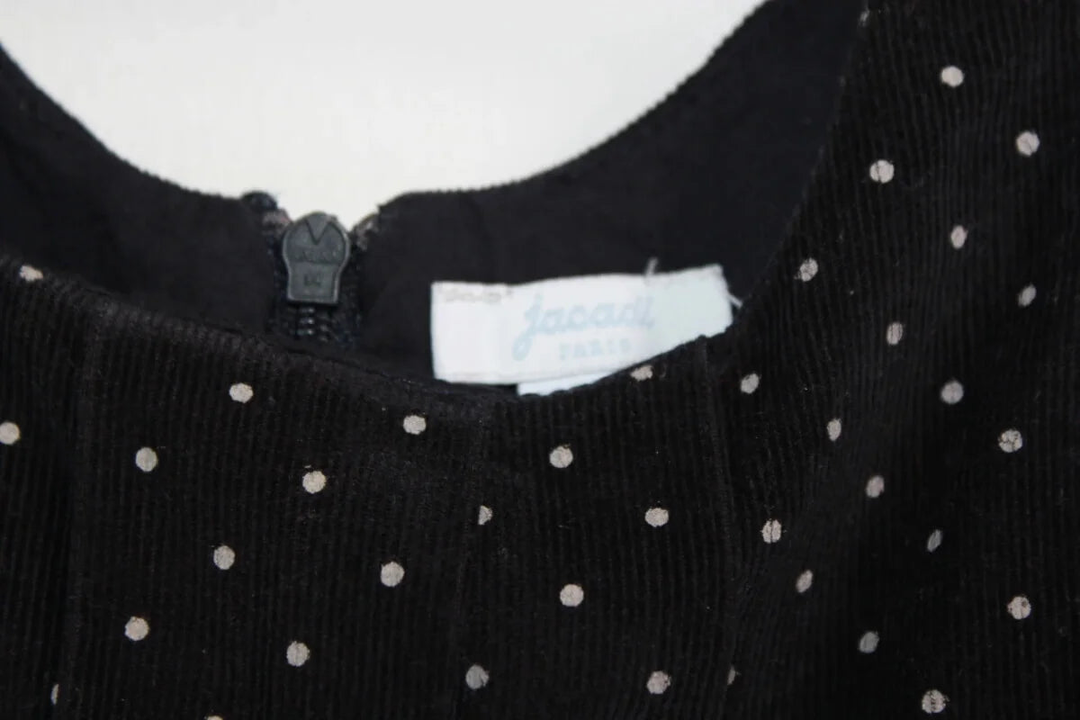 tweedehands mouwloze katoenen ribfluwelen donkerblauwe jacadi jurk met kleine witte stippen in maat 74