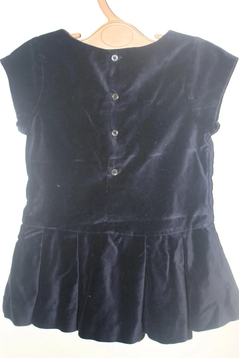 tweedehands donkerblauwe fluwelen katoenen jurk van jacadi met korte mouwen in maat 80