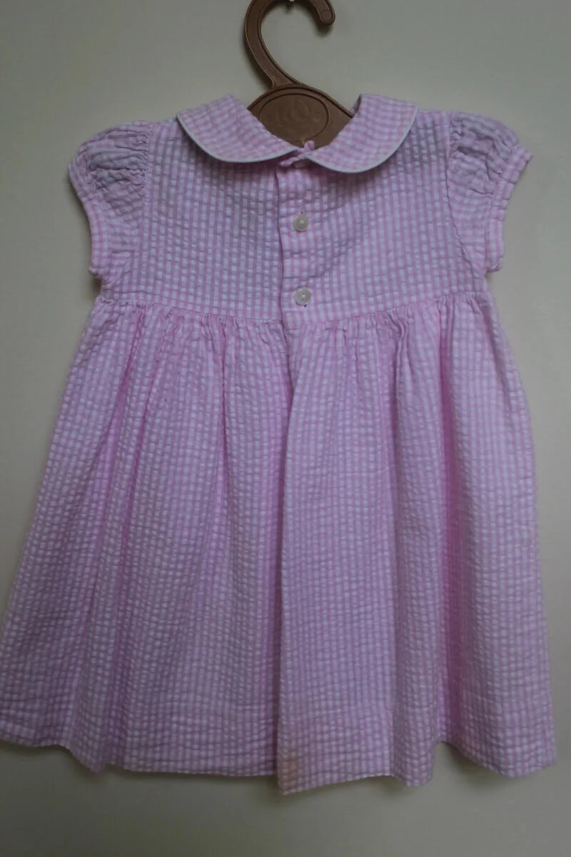 tweedehands katoenen zomerse roze met wit geruite jurk van jacadi met korte mouwen in maat 68