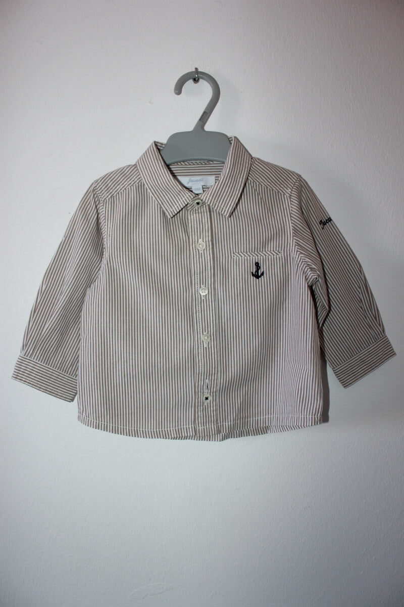tweedehands katoenen beige met wit gestreept jacadi overhemd met lange mouwen in maat 68 voor een baby jongen