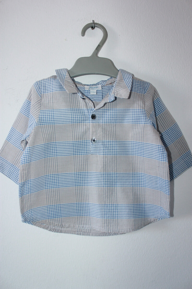 tweedehands katoenen blauw met beige en wit geruit overhemd van jacadi met lange mouwen in maat 62 voor een baby jongen