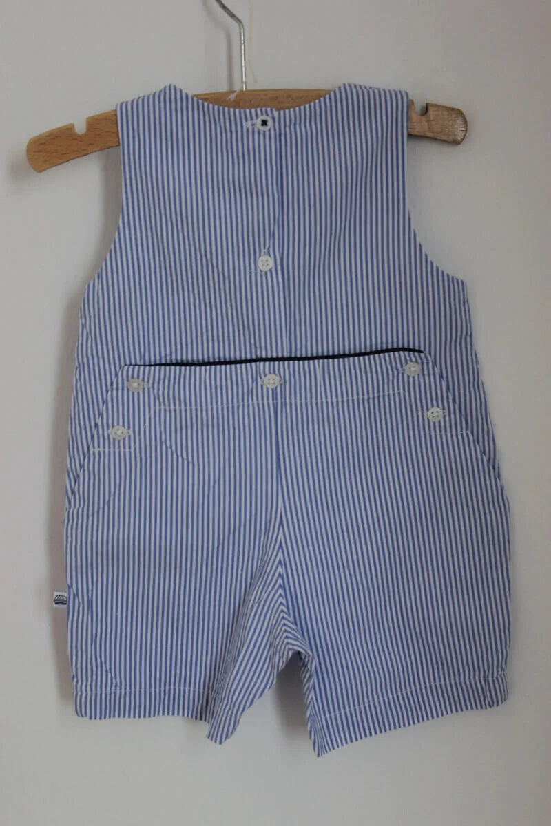 tweedehands jacadi blauw met wit gestreepte katoenen mouwloze playsuit in maat 68 voor een baby jongen