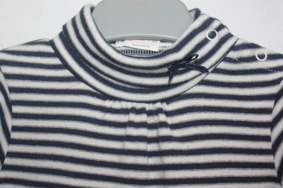 tweedehands donkerblauw met wit gestreepte katoenen jacadi romper met col en lange mouwen in maat 74 voor een baby meisje