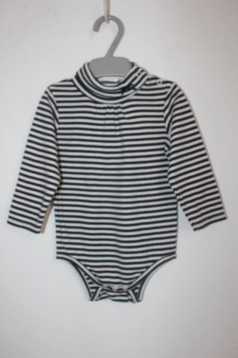 tweedehands donkerblauw met wit gestreepte katoenen jacadi romper met col en lange mouwen in maat 74 voor een baby meisje