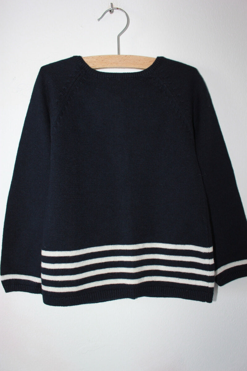 tweedehands donkerblauw vest met witte strepen van jacadi in maat 104 voor een meisje