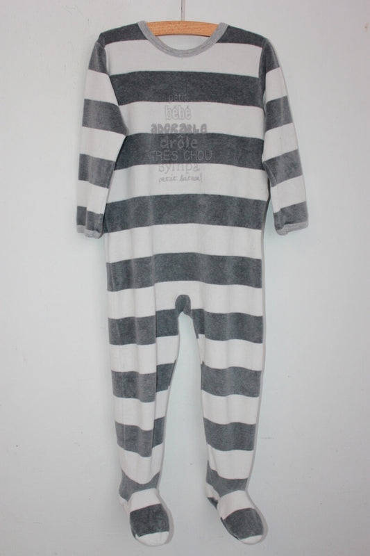 preloved unisex grijs-wit gestreepte zachte velours playsuit met lange mouwen van petit bateau in maat 74
