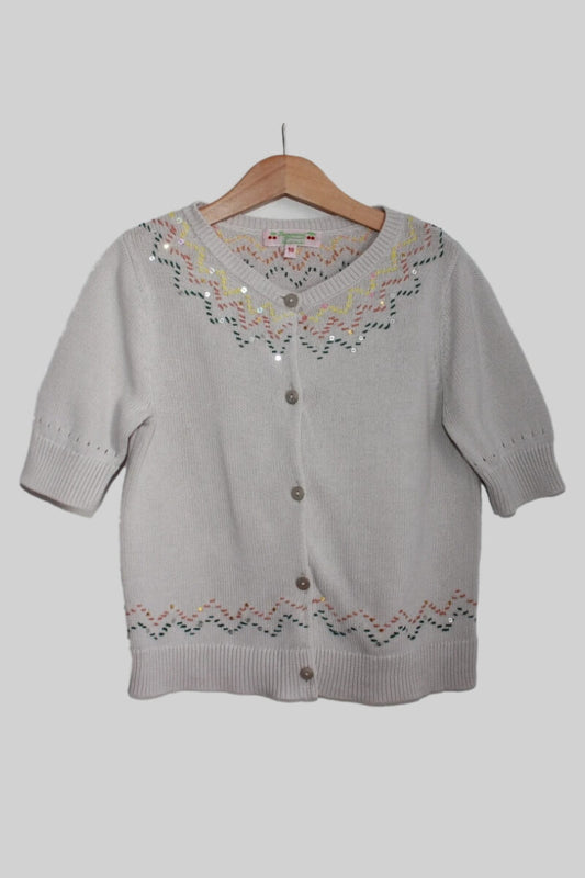 tweedehands katoenen beige vest met pailletten en halve mouwen van bonpoint in maat 134-140