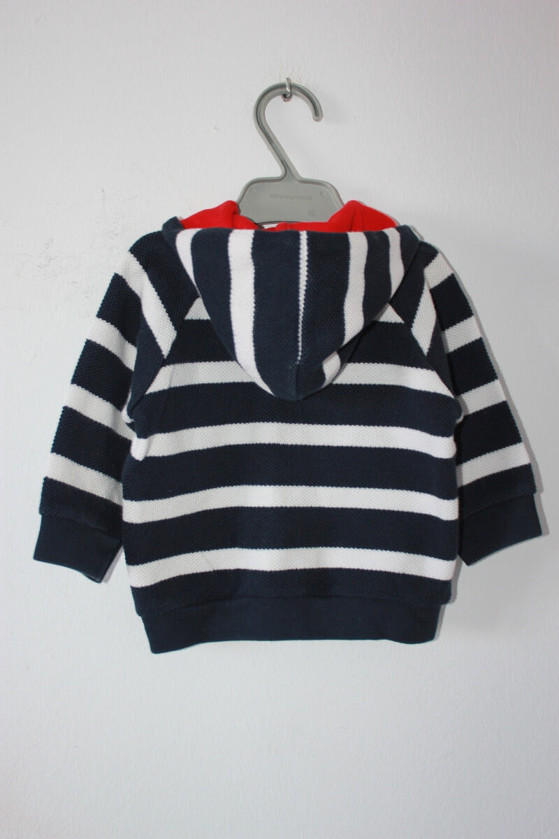 preloved katoenen donkerblauw-wit gestreept vest met capuchon van petit bateau in maat 68 voor een baby jongen