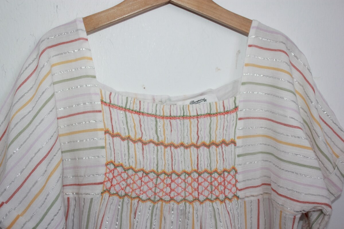 tweedehands zomerse gesmokte en gestreepte jurk in multicolour met korte mouwen maat 158-164 van bonpoint