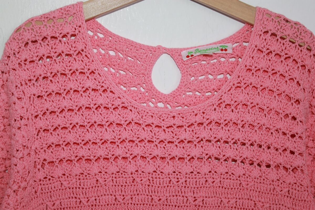 tweedehands katoenen zomerse koraalroze knitwear jurk met korte mouwen van bonpoint maat 146-152