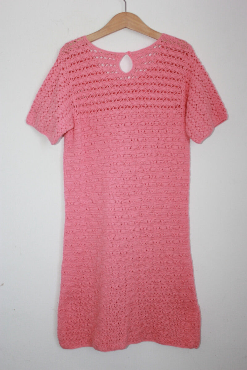 tweedehands katoenen zomerse koraalroze knitwear jurk met korte mouwen van bonpoint maat 146-152