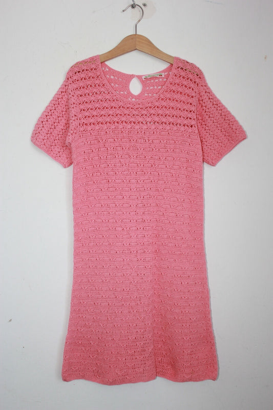 tweedehands katoenen zomerse koraalroze knitwear jurk met korte mouwen van bonpoint maat 146-152