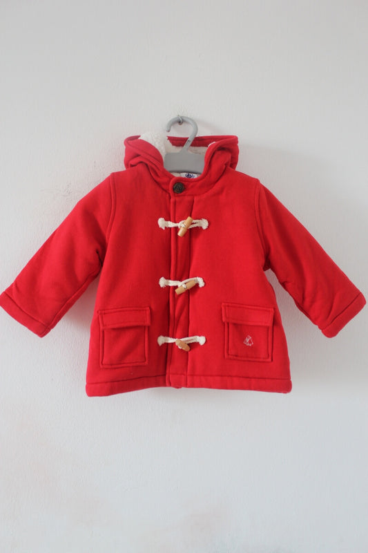 preloved unisex rode houtje-touwtje jas met capuchon en sherpa voering van petit bateau in maat 62