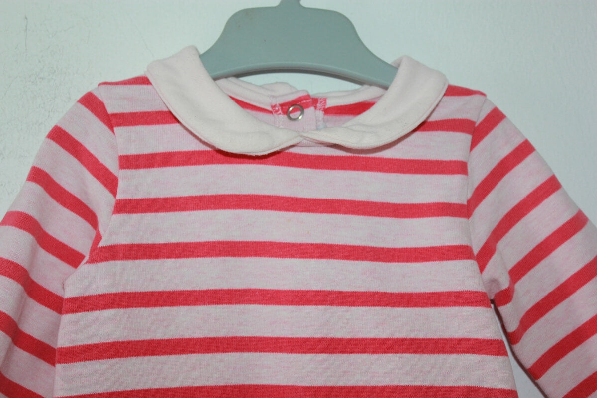 preloved katoenen roze gestreepte jurk met lange mouwen en een wit kraagje van petit bateau in maat 68