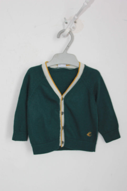 preloved donkergroen vest met mosterdgele en ecru accenten van petit bateau in maat 68 voor een baby jongen