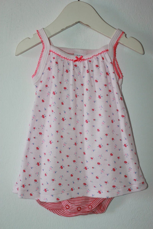 preloved katoenen zomerse mouwloze gebloemde jurk in multicolour met geintegreerde romper van petit bateau, maat 62