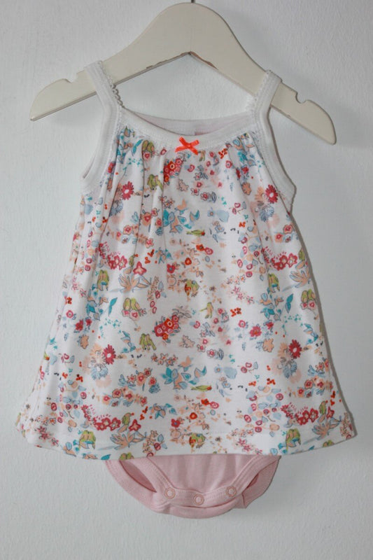 preloved katoenen zomerse gebloemde jurk in multicolour met geintegreerde romper en schouderbandjes van petit bateau, maat 62