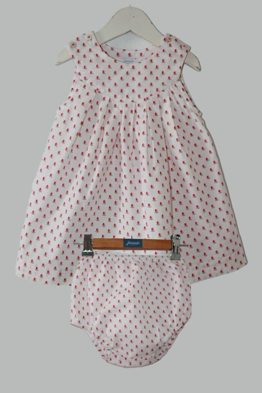 tweedehands witte zomerse mouwloze jurk met roze tulpen en bloomer in maat 74 voor een baby meisje van jacadi