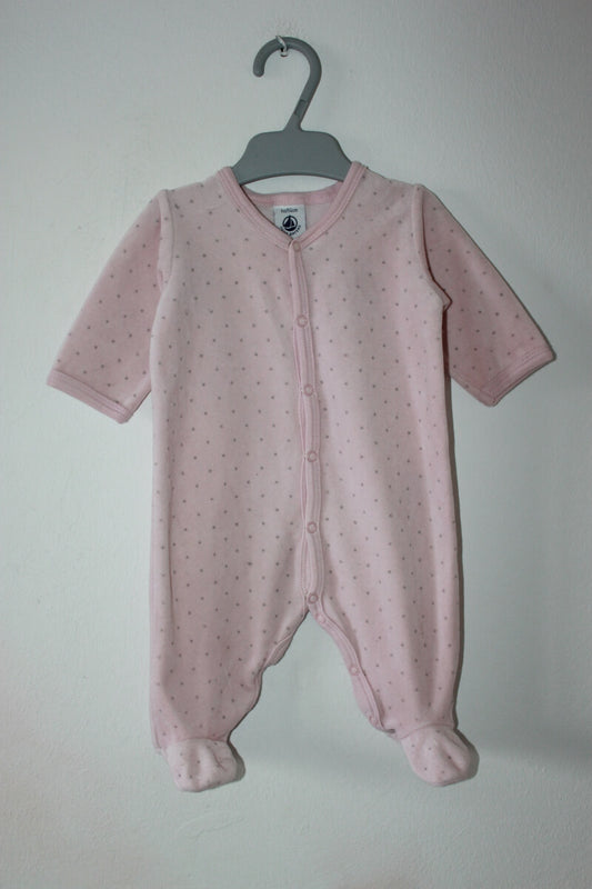 preloved lichtroze velours playsuit met grijze stipjes en lange mouwen van petit bateau in maat 56