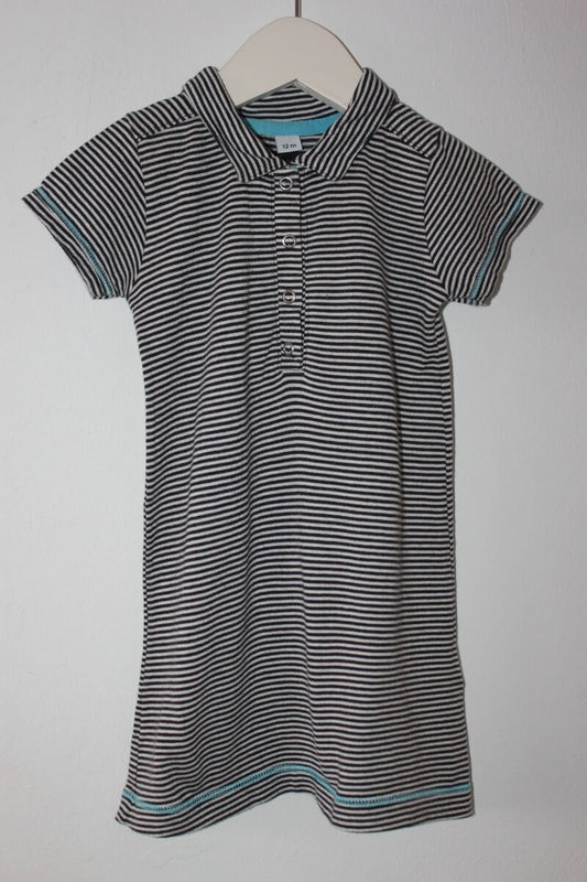 tweedehands katoenen zomerse donkerblauw-wit gestreepte jurk met korte mouwen van petit bateau in maat 74