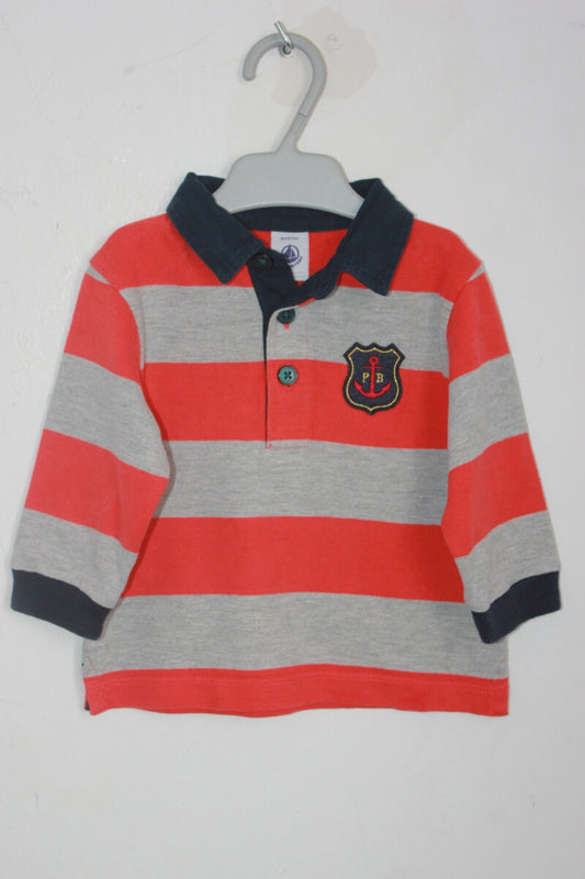 preloved katoenen rood met grijs en donkerblauw gestreept poloshirt met lange mouwen van petit bateau, maat 68 voor een baby jongen