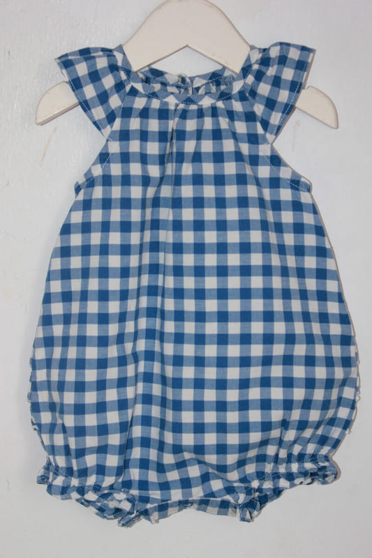 tweedehands katoenen zomerse blauw met wit geruite korte playsuit in maat 62  voor een baby meisje van petit bateau 