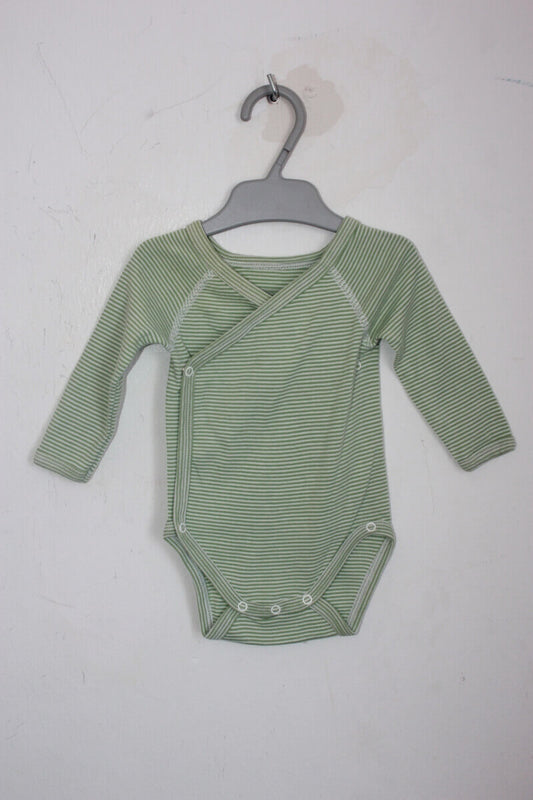 tweedehands unisex katoenen groen en wit gestreepte overslagromper met lange mouwen in maat 62 van petit bateau