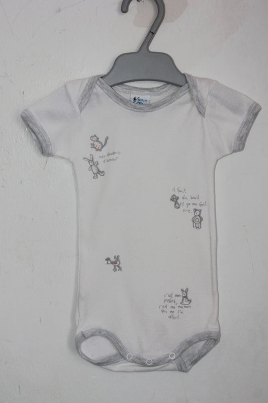 tweedehands unisex katoenen wit met grijze romper met korte mouwen in maat 62 van petit bateau