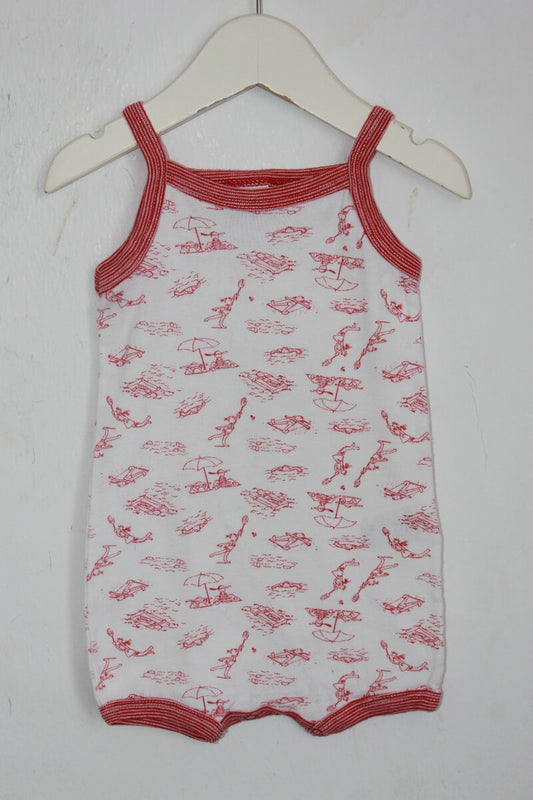 tweedehands katoenen wit met rode mouwloze playsuit in maat 68 voor een baby meisje van petit bateau