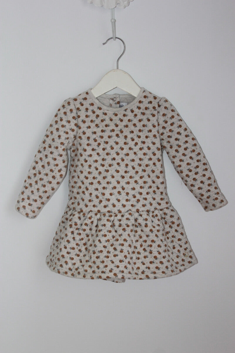 tweedehands grijze jurk met lange mouwen en mosterdgele appeltjes in maat 80 van petit bateau