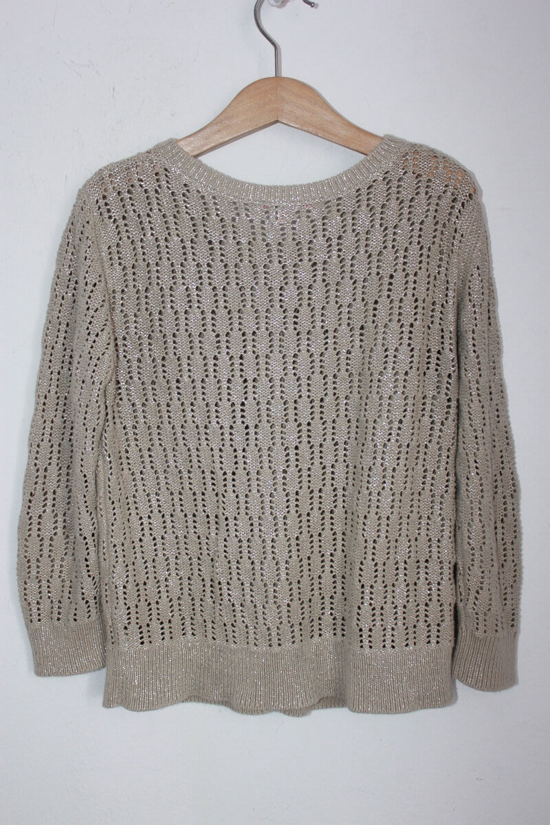 tweedehands-beige-ajour-vest-zilveren-glittertje-maat-128-meisje-bonpoint