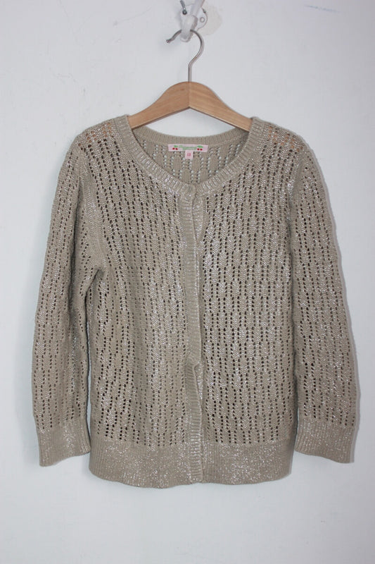 tweedehands-beige-ajour-vest-zilveren-glittertje-maat-128-meisje-bonpoint