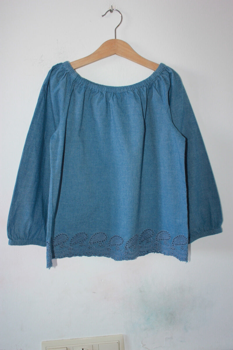 tweedehands-blauwe-blouse-lange-mouwen-maat-146-monoprix