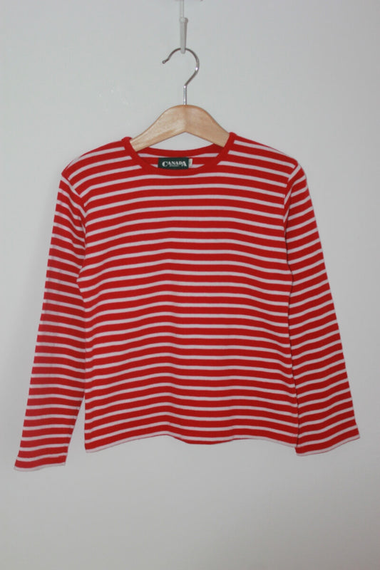 tweedehands rood-wit gestreepte unisex longsleeve maat 128 canada house
