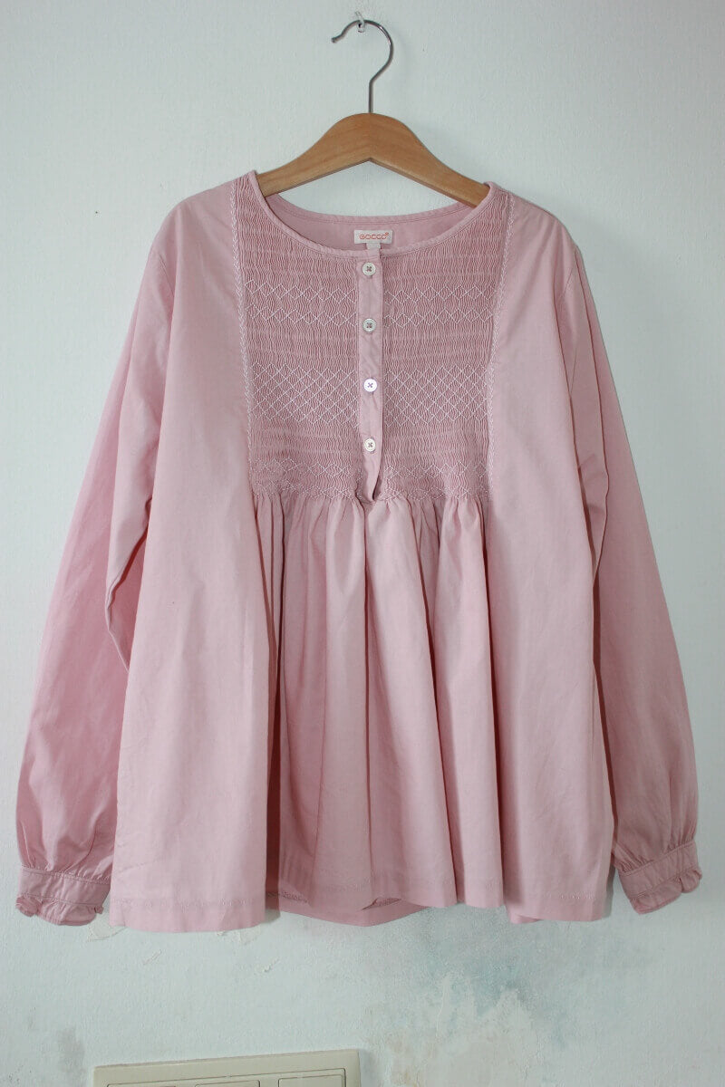 tweedehands-roze-gesmockte-blouse-lange-mouwen-maat-158-meisje-gocco