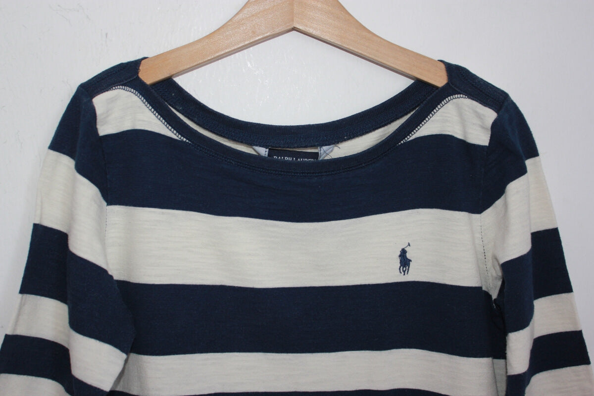 tweedehands-donkerblauw-ecru-gestreepte-jurk-halve-mouwen-maat-152-ralph-lauren