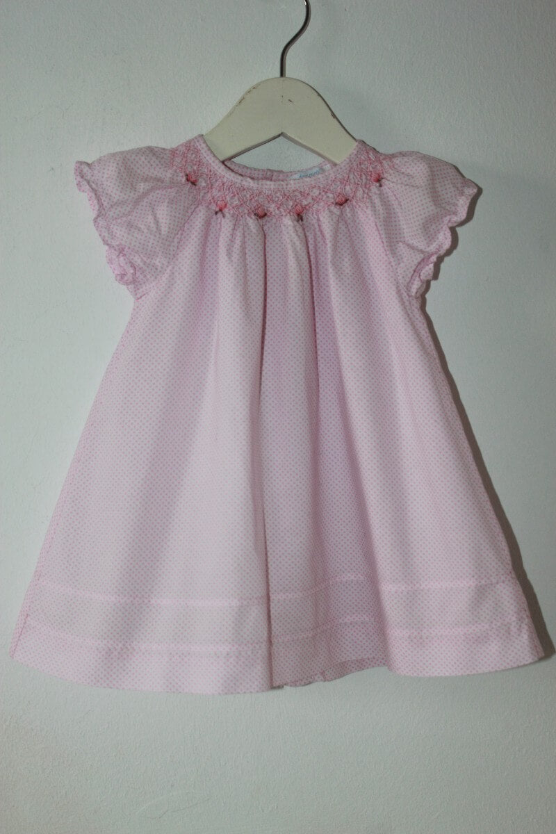 tweedehands-zomerse-gesmockte-jurk-korte-mouwen-roze-stipjes-maat-62-baby-meisje-jacadi