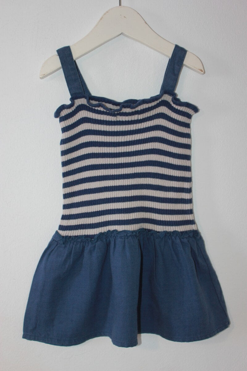 tweedehands-zomerse-blauw-ecru-gestreepte-jurk-maat-74-baby-meisje-clayeux