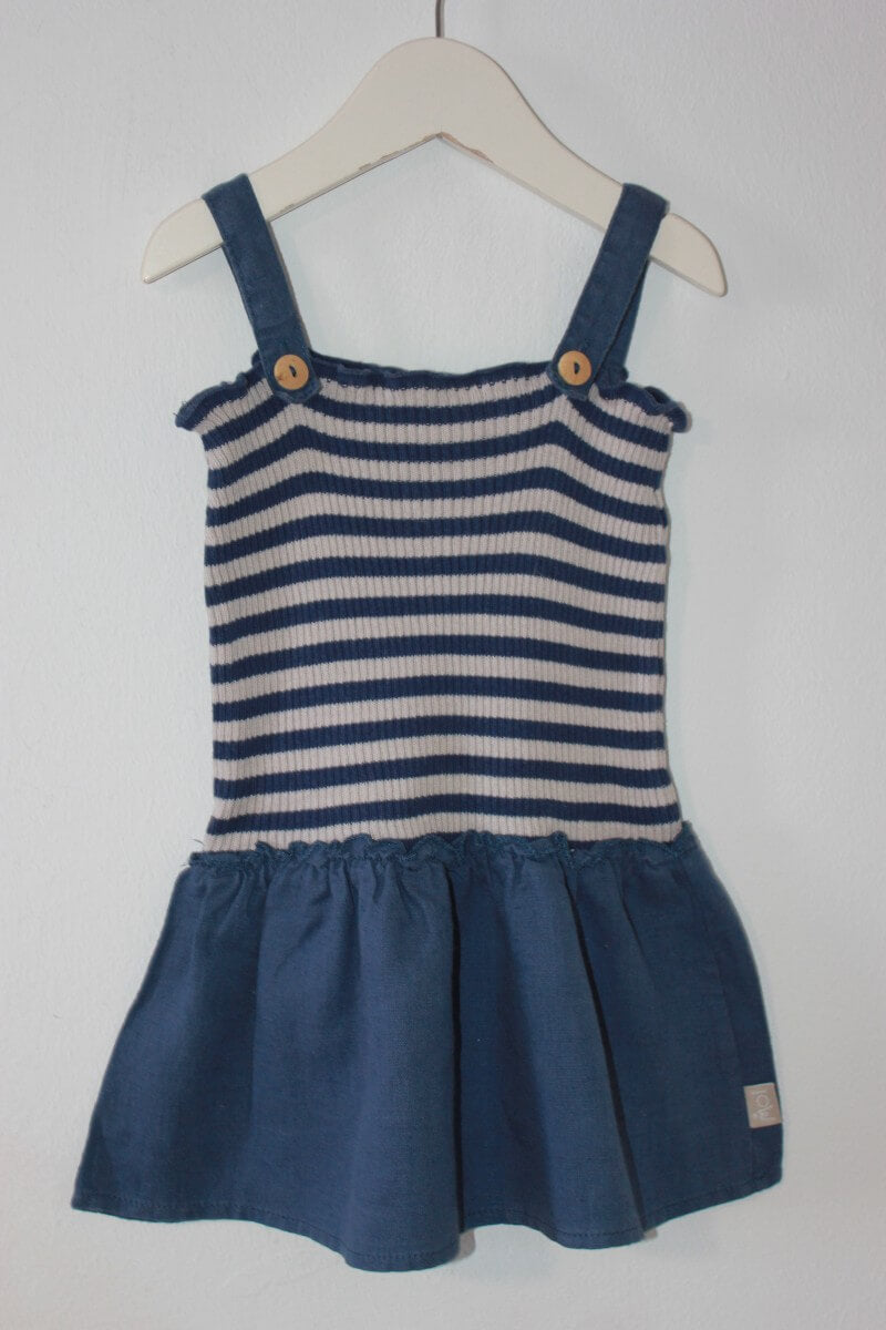 tweedehands-zomerse-blauw-ecru-gestreepte-jurk-maat-74-baby-meisje-clayeux