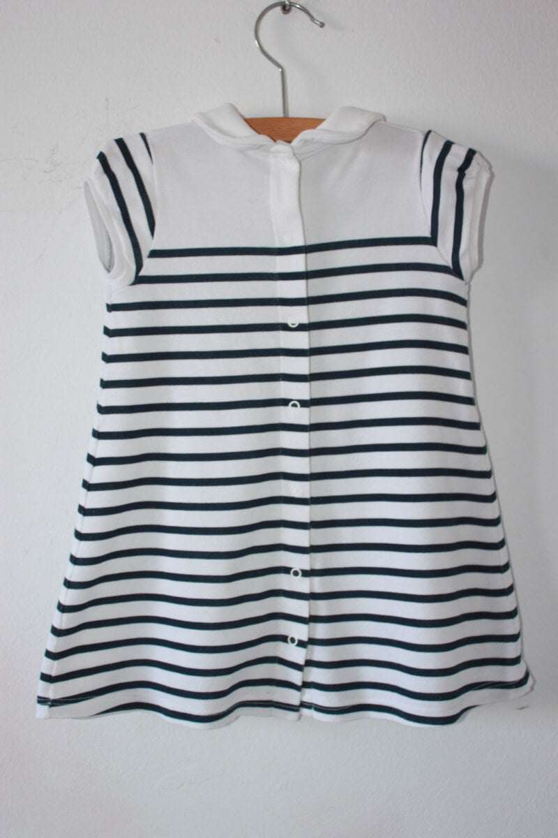 tweedehands-donkerblauw-wit-gestreepte-jurk-zilveren-stippen-korte-mouwen-maat-80-petit-bateau