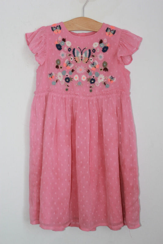 Roze jurk met borduursel en korte mouwen van Marks and Spencer maat 110 - 116