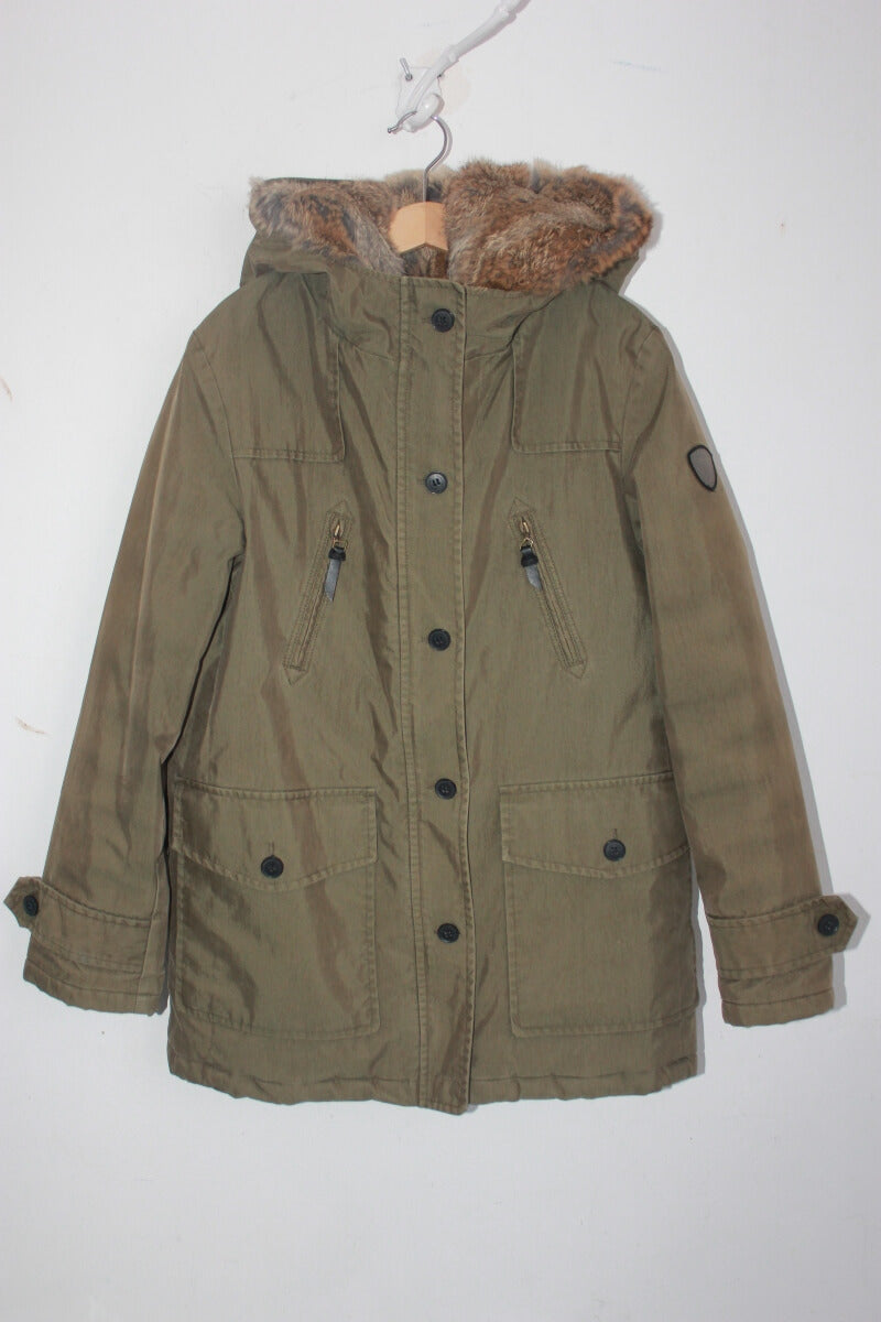 tweedehands-legergroene-unisex-winterjas-capuchon-bont-maat-152-bonpoint