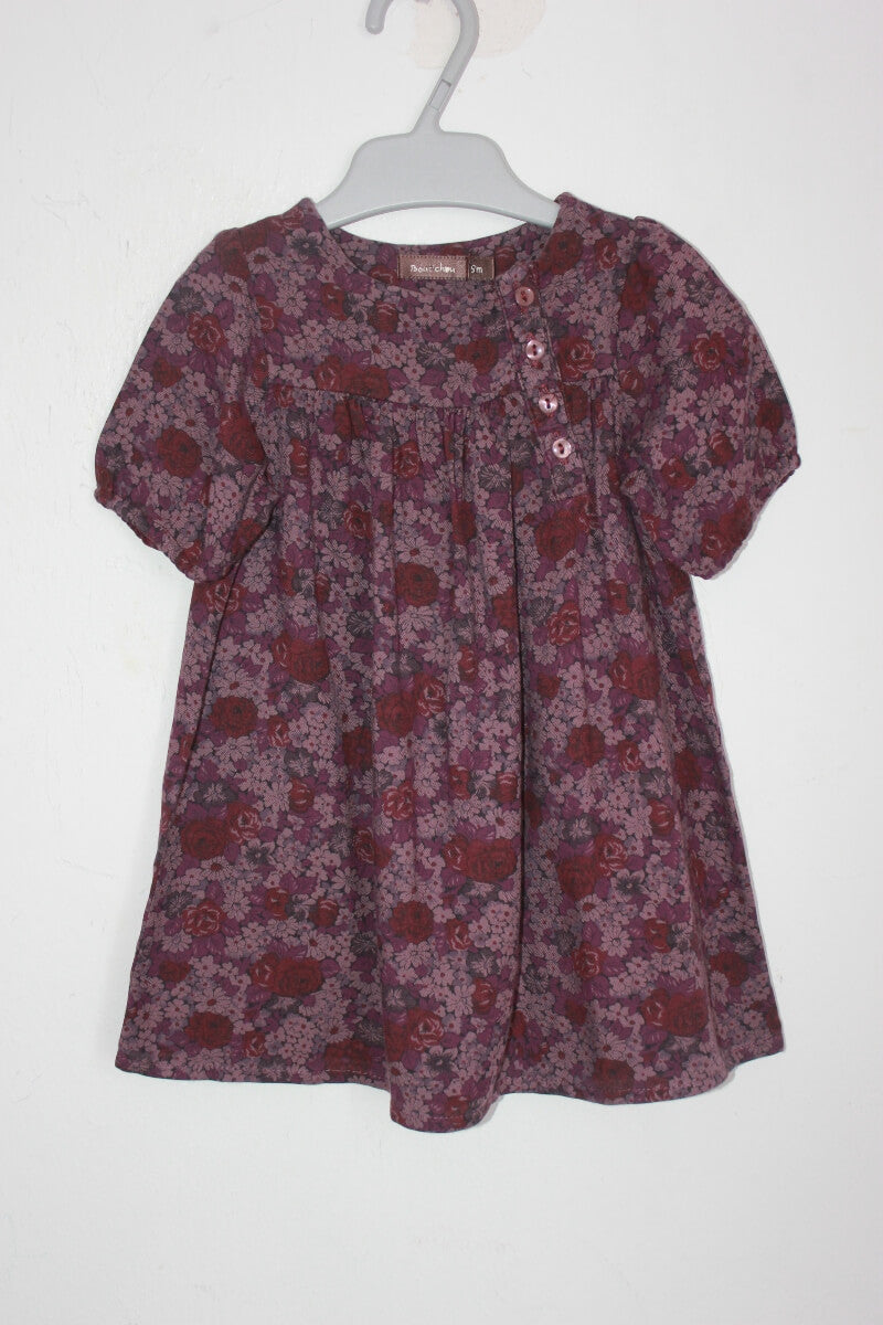 tweedehands-gebloemde-jurk-halve-mouwen-mauve-bordeaux-maat-68-boutchou-baby