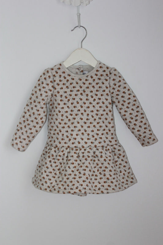 tweedehands grijze jurk lange mouwen mosterdgele appeltjes maat 80 petit bateau